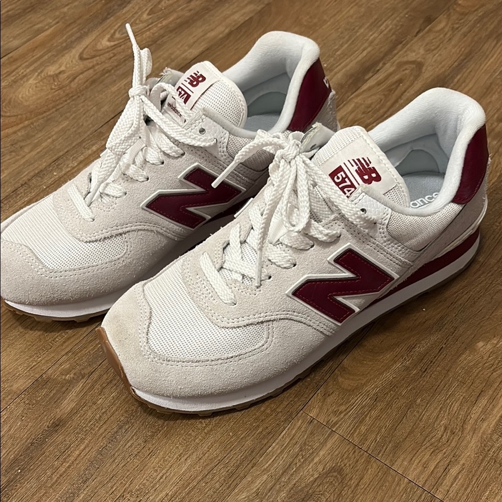 New Balance 574 Cream and Red Sneakers